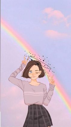 a woman standing in front of a rainbow with her hands up to her head and the sky behind her