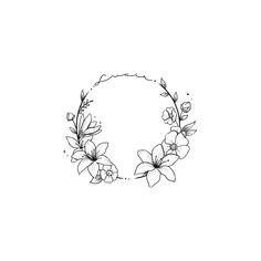 a black and white drawing of flowers in a circle with the letter o on it