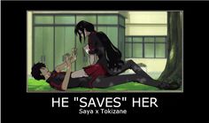 an anime scene with the caption he saves her saya x tokizane