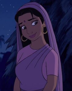 an animated image of a woman in a purple sari with big hoop earrings on her head