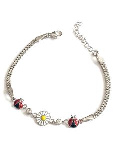 Sterling Silver Ladybug Bracelet-Daisy Flower Bracelet-Elegant Handmade Bracelet-Special Bracelet-Popular Bracelet-Luck Bracelet-Love Bracelet-Women's Bracelet-Enameled Bracelet-İnitial  Bracelet-Gift for Him-Birthday Gift-Gift for Mother-Gift-New Year's Gift - New Year Gift-Bridesmaid Gift-Anniversary Gift-Graduation Gift- Our product is carefully produced from 925 Sterling Silver. Enamel Application is Made on Daisy and Ladybug Figures. There are 2 rows of chains in our bracelet, and unlike similar ones, Cube Chain is used. -Our bracelet is completely handmade: It is produced in my workshop in Istanbul Grand Bazaar. -The length of our bracelet is adjustable; It has a 16 cm (6.4 in) + 5 cm (2 in) extension ring. Available in all sizes from 6.4 inches to 8.3 inches. *Colour options -Silver Dainty Flower-shaped Metal Bracelets, Adjustable Charm Bracelet With Lobster Clasp For Birthday, Adjustable Bracelet With Lobster Clasp For Birthday, Adjustable Bracelets With Lobster Clasp For Birthday, Dainty Adjustable Flower Charm Bracelet, Cute Bracelets With Flower Charm For Gifts, Cute Silver Bracelets With Lobster Clasp, Cute Flower Charm Bracelets For Gifts, Adjustable Silver Daisy-shaped Jewelry