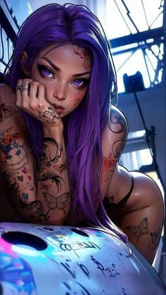 a woman with purple hair and tattoos on her body