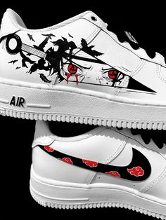 Custom Itachi Akatsuki AF1’s ! Follow us on Instagram for more designs: @bramptoncustoms Customized Air Forces, Custom Nike Shoes Men, Costumised Shoes, Itachi Shoes, Customized Sneakers, Naruto Shoes, Itachi Akatsuki, Custom Sneakers Diy, Mens Fashion Casual Shoes