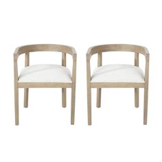 a pair of wooden chairs with white upholstered seat cushions on the back and sides