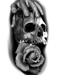 a hand holding a skull with a rose in the foreground and a black and white background