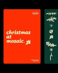 two christmas cards with the words christmas at mosaic in white on green and red background