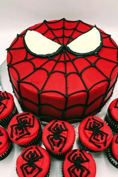 a spiderman cake surrounded by cupcakes on a plate