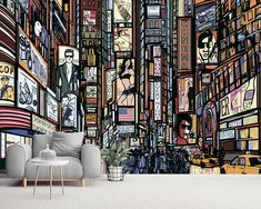 a living room with a large mural on the wall and chairs in front of it