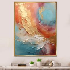 an abstract painting hangs on the wall above a console table