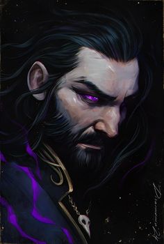 a painting of a man with long hair and purple eyes