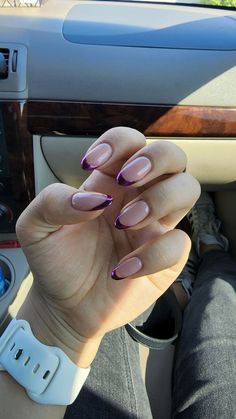 Purple Tips Almond Nails, Purple Chrome French Tip Nails Almond, Pink Sparkly French Tip Nails Almond, Nails For Concerts, Almond Purple French Tip Nails, Purple Pink Chrome Nails, Sparkly Purple French Tip Nails, Purple Almond French Tip Nails, Purple French Tips Almond