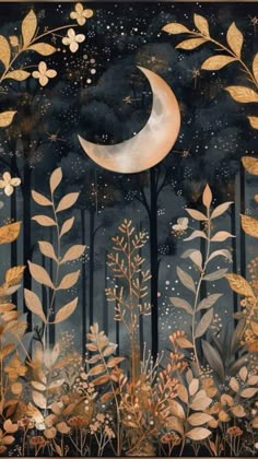 a painting with trees, flowers and a moon in the night sky above it is a forest scene