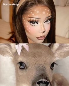 A simple deer-makeup look consists of white dots over the forehead, nose, cheekbones, and neck as well as black on the nose and upper lip. You'll also need white eyeshadow or powder around the eyes.#deermakeup #animalmakeup #halloweenmakeup #cosplaymakeup #forestcreature #wildbeauty #antlersandlashes #fawndorable #makeupinspo #natureinspired Deer Halloween Costumes Aesthetic, Cow Cosplay Makeup, Animal Makeup Ideas, Lamb Makeup Halloween, Halloween Makeup Animals, Cute Animal Makeup, Fawn Makeup Deer, Deer Hairstyle