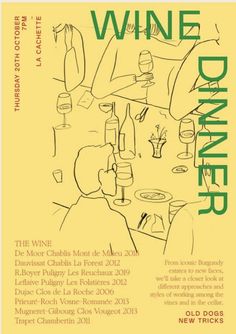 the wine dinner flyer is designed to look like it has been drawn in green and yellow