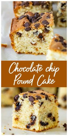 chocolate chip pound cake cut in half and stacked on top of each other