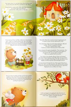 an open children's book with illustrations of animals in the woods and flowers on it