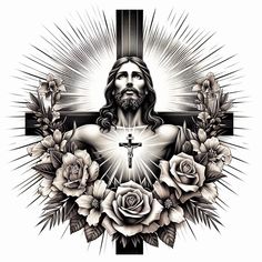 the cross with roses and jesus on it is shown in black and white, as well as