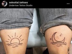 two sun and moon tattoos on both legs, one with the same tattoo as the other