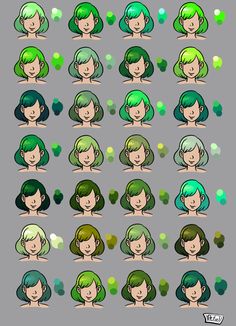 some green haired girls with different hair styles and colors, all in the same style