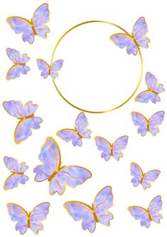 purple butterflies flying around a circle on a white background