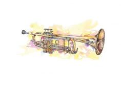 an illustration of a trumpet on a watercolor background