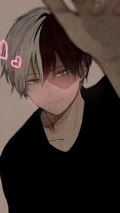 an anime character with red hair wearing a black shirt and holding his hand up to the camera