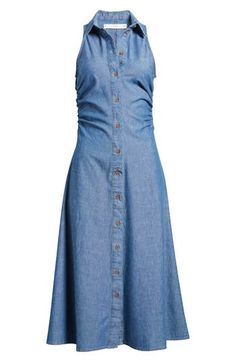 Ruching at the sides creates shape on this denim shirtdress cut in a summery sleeveless silhouette and topped with a polished point collar. Front button closure Point collar Sleeveless 100% cotton Machine wash, line dry Imported Denim Shirt Dress, Shirtdress, Mango, Size 4, Nordstrom, Collar, Blue