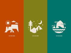 four different colored logos with mountains and trees in the middle one is green, orange, and red