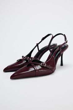 BUCKLED STRAP HEELED SHOES - Burgundy Red | ZARA United States Buckled Shoes, Blazers Shoes, Burgundy Heels, Buckle Shoes, Tshirt Skirt, Leather Ballet Flats, Burgundy Red, Strappy Heels, Strap Heels