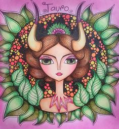 a drawing of a woman with horns on her head and leaves around her neck, in front of a pink background