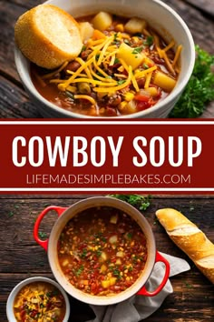 cowboy soup in a white bowl with bread on the side, and an image of a sandwich