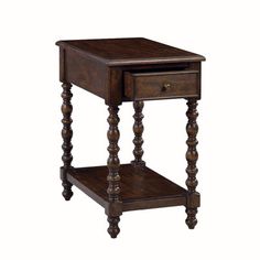 a wooden end table with two drawers on one side and an open drawer on the other