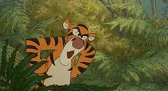 a cartoon tiger in the jungle with trees and bushes behind it, looking at something