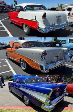 several classic cars parked in a parking lot