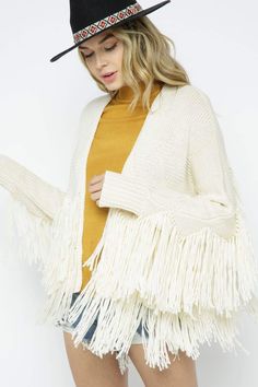 Our off white fringe cardigan couldn't be cuter with all the detail on the sleeves! Fits TTS. Boots Long Skirt, Christian Products, Dress And Boots, Tie Dye Mini Dress, My Honey, Perfect Cardigan, Fringe Leather Jacket, Christian Ministry, White Fringe