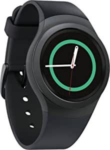 a smart watch with a green circle on the face and black strap around the wrist