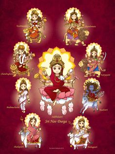 the seven avatars of hindu deities on a red and yellow background with white text