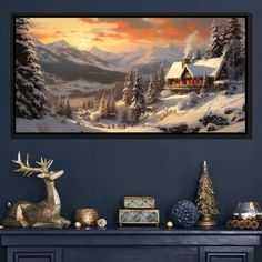 a christmas scene with a cabin in the background and deer on the mantle next to it