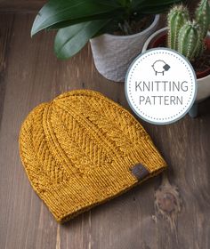 a knitted hat next to a potted plant on a wooden table with the knitting pattern