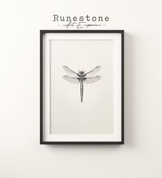 a black and white photo of a dragonfly with the words runstone above it