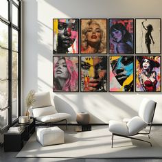 a living room with white chairs and paintings on the wall