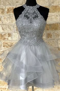 Prom Dresses Fluffy, Gray Homecoming Dress, Dresses Fluffy, Grey Lace Shorts, Strictly Ballroom, Halter Homecoming Dress, Short Graduation Dresses, Formal Dresses Graduation, Homecoming Ideas