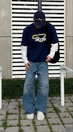 Blue Baggy Jeans! link on top of title. Skateboys Style, 2000 Aesthetic Men, Long Sleeve Layering Tee Outfit Men, 2000s Skater Fashion Men, Mens Outfit Inspo Summer, Outfit Inspo Men Streetwear, Streetwear Inspo Men, 2024 Mens Fashion, Clean Streetwear