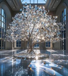 a large glass tree is in the middle of a room with high ceilings and windows