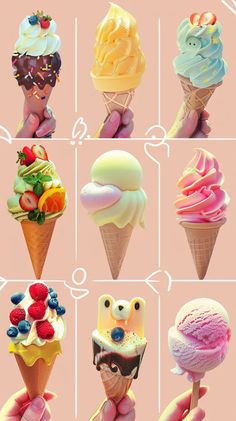 there are many different ice cream cones in this photo