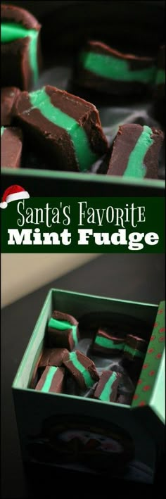 santa's favorite mint fudge cookies in a green and black box with text overlay