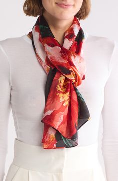 A floral print inspired by an oil painting blooms along this chic oblong scarf crafted from modal and silk. 69" L x 14" W (OS) 56% modal, 44% silk Dry clean Imported Scarf Tying, Scarf Print, Vince Camuto, Black Red, Scarf Accessory, Floral Print, Oil Painting, Black And Red, Floral Prints