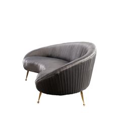 an oval chair with gold legs and a gray velvet upholstered seat, viewed from the front