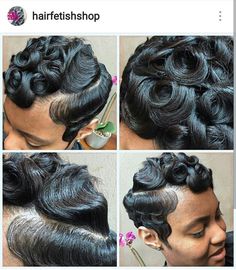 Finger Waves On The Side, Black Hair Waves Short, Pin Curl Pixie Cut Black Women, Short Black Pixie Haircut, Pixie Pin Curls, Fingerwaves Short Hair Black Pixie Cuts, Pin Curls For Black Women, Knots Hairstyle, Hair Styles For Black Women