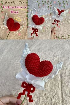 crocheted valentine's day bouquet with angel wings and red heart on it